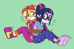 Size: 2500x1667 | Tagged: safe, artist:bugssonicx, sci-twi, sunset shimmer, twilight sparkle, human, equestria girls, g4, ankle tied, barefoot, bondage, bound and gagged, bound together, cloth gag, clothes, emanata, feet, female, gag, help us, pajamas, sleepover, slippers, slumber party, tied up