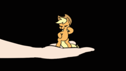 Size: 560x315 | Tagged: safe, artist:doublewbrothers, applejack, earth pony, human, pony, my tiny pony, g4, animated, applejack's hat, appletini, bipedal, black background, cowboy hat, cute, dancing, do the mario, eyes closed, frame by frame, freckles, gif, hand, hat, it's dangerous to go alone, jackabetes, loop, micro, offscreen character, simple background, solo focus, tiny, tiny desk applejack, tiny ponies