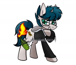 Size: 1750x1500 | Tagged: safe, artist:handgunboi, oc, pony, unicorn, clothes, commission, glasses, jacket, male, molotov cocktail