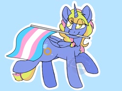 Size: 2048x1536 | Tagged: safe, artist:anxioussartist, oc, oc only, oc:platinum band, alicorn, pony, alicorn oc, flag, holding a flag, horn, male, mouth hold, pride, pride flag, simple background, solo, transgender, transgender pride flag, watermark, wings