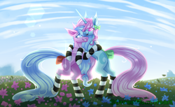Size: 4400x2700 | Tagged: safe, artist:greenmaneheart, oc, oc only, oc:lady ding, oc:lady ring, pony, unicorn, bow, clothes, female, high res, hug, mare, socks, striped socks, tail bow