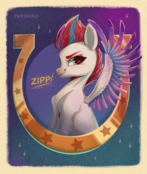 Size: 2928x3462 | Tagged: safe, artist:harellysad, zipp storm, pegasus, pony, g5, abstract background, feather, female, high res, horseshoes, looking at you, mare, smiling, solo, spread wings, stars, text, wings