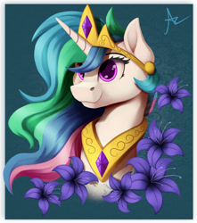 Size: 1280x1448 | Tagged: safe, artist:ac-whiteraven, princess celestia, pony, g4, bust, crown, female, flower, jewelry, mare, portrait, regalia, solo