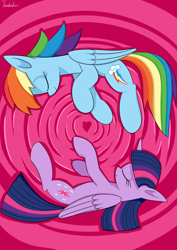 Size: 2480x3507 | Tagged: safe, artist:twidasher, rainbow dash, twilight sparkle, alicorn, pegasus, pony, g4, duo, eyes closed, female, heart, high res, lesbian, mare, petals, ship:twidash, shipping, signature, smiling, twilight sparkle (alicorn)