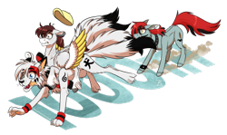 Size: 2040x1212 | Tagged: safe, artist:inuhoshi-to-darkpen, oc, oc only, earth pony, pegasus, pony, mouth hold, simple background, tongue out, transparent background