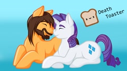 Size: 2400x1348 | Tagged: safe, artist:deathtoaster, oc, pony, unicorn, beard, commission, couple, facial hair, kissing, ych result