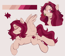 Size: 2078x1804 | Tagged: safe, artist:crimmharmony, oc, oc only, oc:crimm harmony, pegasus, pony, cherry, eyes closed, eyeshadow, female, flying, food, headset, lidded eyes, looking at you, makeup, mare, mouth hold, one eye closed, pegasus oc, reference sheet, simple background, solo, spread wings, wings, wink