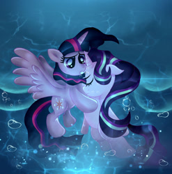 Size: 1024x1037 | Tagged: safe, artist:doraeartdreams-aspy, starlight glimmer, twilight sparkle, alicorn, pony, unicorn, g4, bubble, crepuscular rays, duo, duo female, eyelashes, eyes closed, female, flowing mane, flowing tail, horn, ocean, open mouth, purple eyes, purple mane, redraw, spread wings, twilight sparkle (alicorn), underwater, water, wings