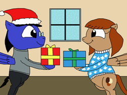 Size: 1500x1125 | Tagged: safe, artist:blazewing, oc, oc only, oc:blazewing, oc:pecan sandy, pegasus, pony, atg 2021, bipedal, christmas, christmas sweater, chubby, clothes, drawpile, female, glasses, hat, holiday, male, mare, newbie artist training grounds, oc couple, pants, present, santa hat, smiling, snow, spread wings, stallion, sweater, window, wings