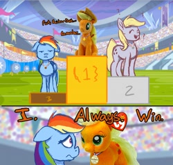 Size: 2000x1900 | Tagged: safe, artist:phutashi, applejack, rainbow dash, oc, earth pony, pegasus, pony, g4, comic, dialogue, floppy ears, medal, not derpy, plushie, podium, unamused, wat