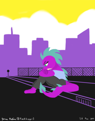Size: 1100x1400 | Tagged: safe, artist:rockhoppr3, spike, dragon, anthro, cutiemarks (and the things that bind us), nonexistent meet-cute [idlyam], g4, city, cityscape, clothes, nonbinary, nonbinary pride flag, nonbinary spike, older, older spike, pride, pride flag, sitting, solo, song reference, vylet pony