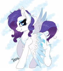 Size: 2894x3263 | Tagged: safe, artist:julunis14, rarity, pegasus, pony, g4, chest fluff, ear fluff, high res, hoof fluff, leg fluff, lidded eyes, looking at you, messy mane, pegasus rarity, race swap, smiling, solo, spread wings, unkempt mane, wings