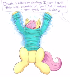 Size: 2931x3200 | Tagged: safe, artist:confetticakez, fluttershy, pony, g4, atg 2021, clothes, dialogue, high res, implied rarity, magic, newbie artist training grounds, offscreen character, raised hooves, solo, sweater, telekinesis, wardrobe malfunction