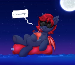 Size: 4000x3449 | Tagged: safe, artist:confetticakez, oc, oc only, dracony, dragon, hybrid, pony, drink, drinking straw, full moon, inner tube, moon, night, smiling, solo, sunglasses, water