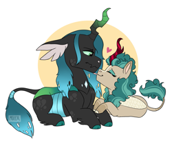 Size: 1971x1644 | Tagged: safe, artist:moccabliss, queen chrysalis, rain shine, changeling, kirin, g4, alternate design, crack shipping, female, leonine tail, lesbian, lying down, prone, shipping