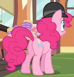 Size: 419x437 | Tagged: safe, screencap, pinkie pie, earth pony, pony, g4, mmmystery on the friendship express, season 2, balloonbutt, bowler hat, butt, cropped, female, hat, plot, solo