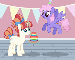 Size: 6134x4908 | Tagged: safe, artist:starcollider, rainbow stars, rainbowshine, pegasus, pony, unicorn, g4, absurd resolution, atg 2021, background pony, birthday, cake, duo, duo female, eye shimmer, female, flying, food, hat, magic, magic aura, newbie artist training grounds, open mouth, open smile, party hat, rainbow cake, ribbon, show accurate, smiling