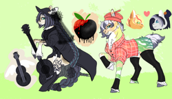 Size: 1280x740 | Tagged: safe, artist:malinraf1615, applejack, derek (pony life), oc, oc:gothic country, oc:midnight ballad, earth pony, pony, my little pony: pony life, pony life, beret, boots, brother and sister, clothes, coat, cowboy boots, cowboy hat, derekjack, ear piercing, earring, female, flannel, guitar, hat, heart, jewelry, lip piercing, male, mare, markings, musical instrument, nose piercing, nose ring, offspring, parent:applejack, parent:derek (pony life), parents:derekjack, piercing, raised hoof, shipping, shoes, siblings, socks, stallion, stockings, straight, sweater, tattoo, thigh highs, trans male, transgender, tree trunk, unshorn fetlocks, veil