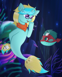 Size: 2194x2734 | Tagged: safe, artist:xmoonshinexkyokox, oc, oc only, fish, pony, seapony (g4), unicorn, base used, bubble, clothes, coral, dorsal fin, female, fins, fish tail, flowing tail, glasses, green eyes, high res, horn, looking at you, ocean, purple eyes, scarf, seaponified, seaquestria, seaweed, species swap, tail, underwater, water