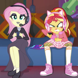 Size: 789x789 | Tagged: safe, artist:sunshmallow, edit, edited screencap, screencap, fluttershy, sunset shimmer, equestria girls, g4, game stream, my little pony equestria girls: better together, alternate hairstyle, angry, bed, bedroom eyes, blanket, blushing, choker, clothes, converse, dress, duo, eyeshadow, female, fishnet stockings, flats, fluttergoth, gamer girl, goth, gritted teeth, headset, hoodie, lipstick, makeup, midriff, ponytail, psycho gamer sunset, shimmercode, shoes, skirt, sneakers, socks, stockings, thigh highs