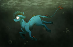 Size: 1280x818 | Tagged: safe, artist:scarletsfeed, oc, oc only, hybrid, merpony, adoptable, blank eyes, bubble, crepuscular rays, dark, doodle, fangs, fins, ocean, solo, swimming, tail, underwater, water