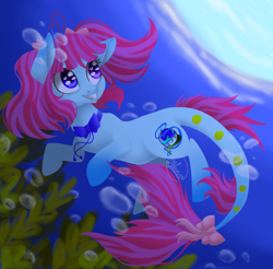 Size: 780x768 | Tagged: safe, artist:helithusvy, oc, oc only, merpony, bubble, dorsal fin, female, fish tail, flowing mane, flowing tail, ocean, pink mane, purple eyes, ribbon, seaweed, signature, smiling, solo, speedpaint, sunlight, swimming, tail, teeth, underwater, water, wingding eyes