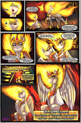 Size: 3760x5681 | Tagged: safe, artist:derpx1, daybreaker, oc, oc:dawnstar, alicorn, pony, g4, comic, commission, dialogue, female, fire, grin, male, mother and child, mother and son, smiling, throne, yawn