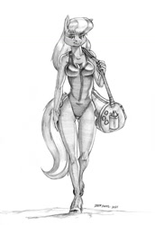 Size: 950x1379 | Tagged: safe, artist:baron engel, cheerilee, earth pony, anthro, unguligrade anthro, g4, breasts, busty cheerilee, cleavage, clothes, female, mare, monochrome, one-piece swimsuit, pencil drawing, solo, stupid sexy cheerilee, swimsuit, traditional art, zipper, zipper swimsuit