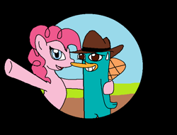 Size: 652x496 | Tagged: safe, artist:grovylefangirl1997, pinkie pie, g4, crossover, fourth wall, friendshipping, iris out, looking at you, perry the platypus, phineas and ferb, side hug, simple background, smiling, sweat, sweatdrop