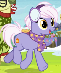 Size: 597x714 | Tagged: safe, screencap, burning passion, flam, earth pony, pony, g4, my little pony best gift ever, clothes, cropped, earmuffs, female, mare, open mouth, scarf, smiling, snow, solo focus, winter outfit
