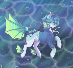 Size: 1071x994 | Tagged: safe, artist:scarletsfeed, oc, oc only, pony, blue mane, blushing, bubble, clothes, crepuscular rays, ear fluff, eyes closed, fins, ocean, signature, smiling, solo, sunlight, swimming, underwater, water