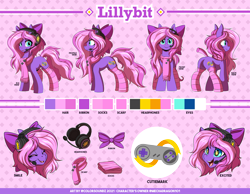 Size: 4000x3101 | Tagged: safe, artist:ask-colorsound, oc, oc only, oc:lillybit, earth pony, pony, abstract background, bow, clothes, excited, female, gaming headset, hair bow, headphones, headset, mare, reference sheet, scarf, smiling, socks, solo, striped socks