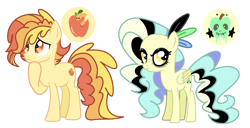 Size: 2645x1353 | Tagged: source needed, safe, artist:cherritoppu, oc, oc only, earth pony, pegasus, pony, apple, duo, earth pony oc, eyeliner, food, makeup, pegasus oc, simple background, thinking, white background, wings