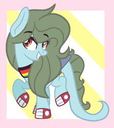 Size: 712x803 | Tagged: source needed, safe, artist:cherritoppu, oc, oc only, oc:rosetta spectress, earth pony, pony, abstract background, clothes, earth pony oc, eyelashes, grin, shoes, smiling, wings