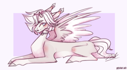 Size: 1552x856 | Tagged: safe, artist:auss1, oc, oc only, pegasus, pony, abstract background, choker, colored hooves, lying down, pegasus oc, prone, signature, solo, wings