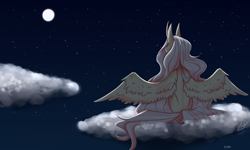 Size: 5000x3000 | Tagged: safe, artist:auss1, fluttershy, pegasus, pony, g4, cloud, female, full moon, mare, moon, night, on a cloud, outdoors, signature, sitting, sitting on a cloud, solo, spread wings, stars, wings