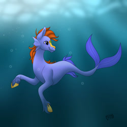 Size: 828x828 | Tagged: safe, artist:ittybittybiters, oc, oc only, merpony, seapony (g4), blue tail, bubble, crepuscular rays, digital art, dorsal fin, fish tail, flowing tail, neopets, ocean, orange mane, peophin, purple eyes, signature, smiling, solo, sunlight, swimming, tail, underwater, unshorn fetlocks, water