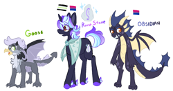 Size: 1600x845 | Tagged: safe, artist:l00giedoogie, oc, oc only, oc:goose, oc:obsidian, oc:rune stone, dragon, dragriff, griffon, pony, unicorn, interspecies offspring, magical lesbian spawn, male, offspring, parent:gabby, parent:garble, parent:princess ember, parent:spike, parent:starlight glimmer, parent:trixie, parents:emble, parents:spabby, parents:startrix, stallion