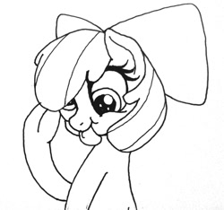 Size: 1280x1196 | Tagged: safe, artist:ewoudcponies, apple bloom, earth pony, pony, g4, :p, adorabloom, black and white, cute, derp, female, filly, grayscale, monochrome, silly face, sketch, solo, tongue out, traditional art