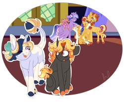 Size: 1129x930 | Tagged: safe, artist:l00giedoogie, luster dawn, sunburst, sunset shimmer, twilight sparkle, oc, oc:astrid comet, oc:mystic dawn, oc:oscuros dawn, alicorn, pony, g4, bow, brother and sister, colt, female, filly, hair bow, hug, male, offspring, parent:king sombra, parent:sunburst, parent:twilight sparkle, parents:sunbra, parents:twiburst, siblings, sunny siblings, twilight sparkle (alicorn), younger