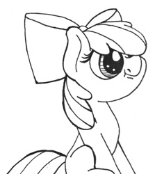 Size: 640x719 | Tagged: safe, artist:ewoudcponies, apple bloom, earth pony, pony, g4, adorabloom, black and white, cute, female, filly, grayscale, hair over one eye, lineart, monochrome, solo, traditional art