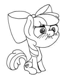Size: 640x737 | Tagged: safe, artist:ewoudcponies, apple bloom, earth pony, pony, g4, big head, black and white, blushing, female, filly, grayscale, monochrome, sitting, solo, stare, traditional art