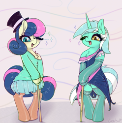 Size: 1275x1284 | Tagged: safe, artist:llametsul, bon bon, lyra heartstrings, sweetie drops, earth pony, pony, unicorn, g4, adorabon, atg 2021, chest fluff, clothes, couple, cute, dress, ear fluff, female, hat, lesbian, lyrabetes, mare, newbie artist training grounds, one eye closed, open mouth, panties, ship:lyrabon, shipping, skirt, smiling, sparkles, standing, stockings, thigh highs, top hat, underwear, wink