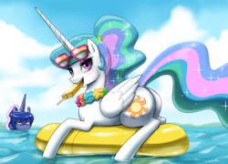 Size: 1500x1078 | Tagged: safe, artist:johnjoseco, princess celestia, princess luna, alicorn, pony, g4, alternate hairstyle, butt, flower, food, ice cream, inflatable toy, mouth hold, ocean, plot, popsicle, royal sisters, siblings, sisters, summer, sunbutt