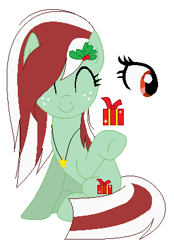 Size: 284x407 | Tagged: safe, artist:somecoconut, oc, earth pony, pony, base used, earth pony oc, eyelashes, eyes closed, female, freckles, holly, mare, present, simple background, sitting, smiling, underhoof, white background