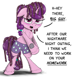 Size: 1850x1907 | Tagged: safe, artist:chopsticks, smarty pants, sugar belle, earth pony, pony, unicorn, g4, atg 2021, bipedal, blushing, chest fluff, clothes, cosplay, costume, dialogue, female, implied big macintosh, looking at you, mare, newbie artist training grounds, patch, roleplaying, shorts, solo, stuttering, text, unshorn fetlocks, wig