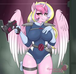 Size: 3697x3621 | Tagged: safe, alternate version, artist:raspberrystudios, oc, oc only, oc:aurelia charm, alicorn, anthro, unguligrade anthro, alicorn oc, alternate universe, bedroom eyes, big breasts, breasts, clothes, female, final space, gloves, gun, gun holster, high res, horn, looking at you, mare, multicolored mane, not princess cadance, scar, sexy, smiling, smiling at you, spacesuit, thick, thigh gap, thighs, uniform, weapon, wings