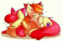 Size: 1280x829 | Tagged: safe, artist:pledus, apple bloom, oc, oc:deliambre, earth pony, pony, g4, adorabloom, cheek fluff, cute, duo, ear fluff, eyes closed, lying down, onomatopoeia, open mouth, prone, simple background, sleeping, snot bubble, sound effects, white background, zzz