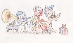 Size: 1658x967 | Tagged: safe, artist:nedemai, dj pon-3, octavia melody, pinkie pie, spirit of hearth's warming presents, vinyl scratch, earth pony, pony, unicorn, g4, atg 2021, dancing, female, hat, ink, mare, newbie artist training grounds, party, present, traditional art, watercolor painting