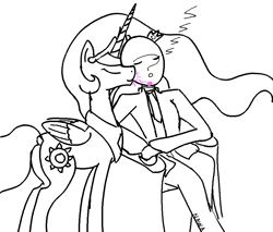 Size: 898x764 | Tagged: safe, artist:notawriteranon, princess celestia, oc, oc:anon, alicorn, human, pony, g4, kissing, sleeping